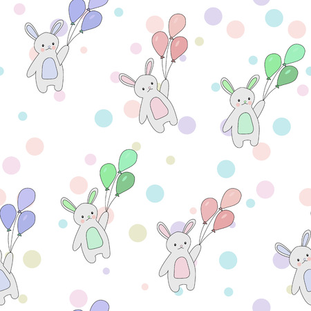 Cute seamless pattern of rabbits flying in the sky with colorful balloons and stars. Vector background for children.の写真素材