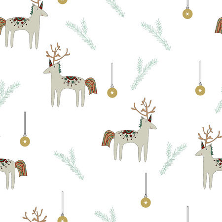 Seamless pattern reindeer with unicorn horns, pine branch, christmas toy. Vector Illustration.の写真素材