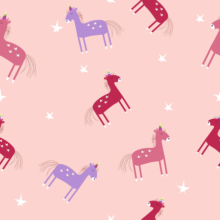 Cute hand drawn pink unicorns seamless pattern. Vector illustration.の写真素材