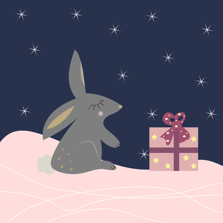 Cute rabbit with a present. Cartoon style winter background. Vector illustration.のイラスト素材