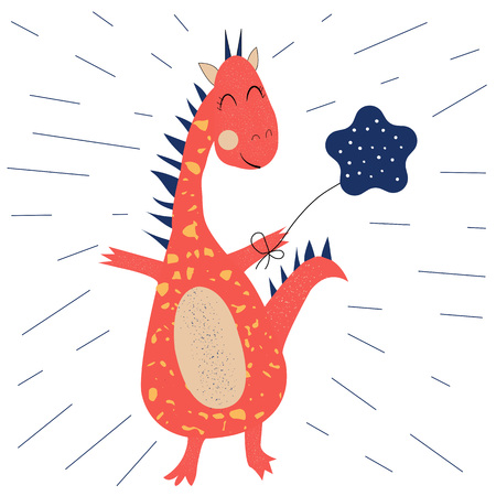 Funny dinosaur with balloon. Ideal for cards, invitations, party, banners, preschool and children room decoration. Vector.のイラスト素材