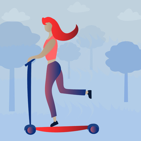 Girl riding electric scooter. Cartoon full length character in flat style. Vector illustration.のイラスト素材