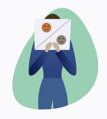 Man holding poster with happy and sad smile. Bipolar disorder concept. Mood disorder vector illustration.の写真素材
