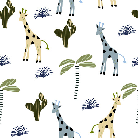 Seamless pattern in Scandinavian style with giraffe, cactus, palm. Vector illustration.のイラスト素材