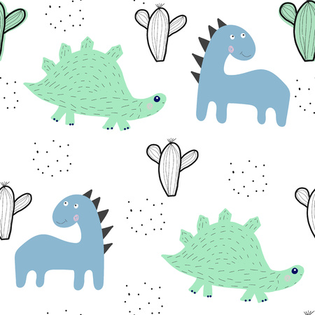 Seamless pattern with dinosaurs and cactus. Vector illustration in Scandinavian style for fabric , wallpapers, backgrounds.の写真素材