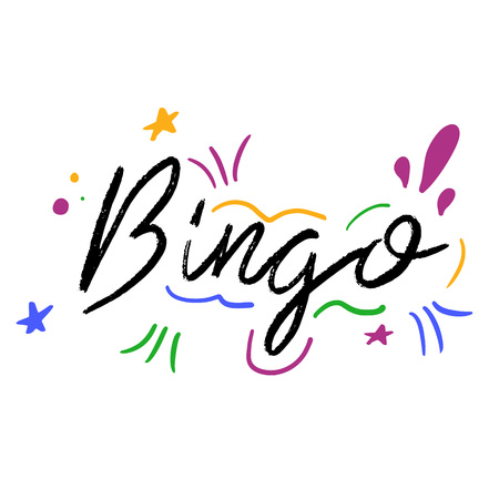 Bingo hand drawn lettering phrase. Modern brush calligraphy. Black quote with color elements isolated on white background. Vector Illustration.の写真素材