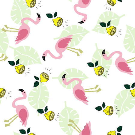 Seamless pattern with flamingo, lemon and green monstera leaves on the white background. Tropical illustration. Trendy fashion design. Vector.の写真素材