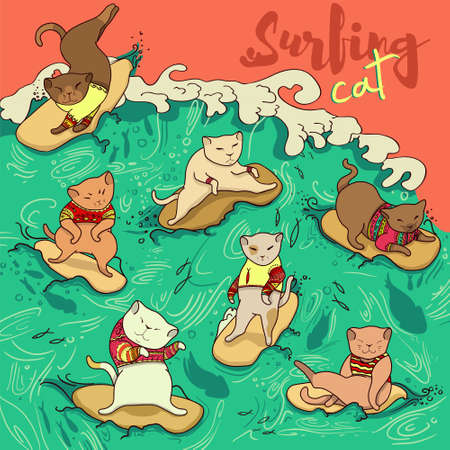 Cats on surfboards. Blue and pink background ornament, clothes, booksのイラスト素材