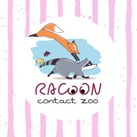 Logo for the contact zoo. An image of a raccoon, fox and a bird on a blue in a white circle on a background with black stripesのイラスト素材