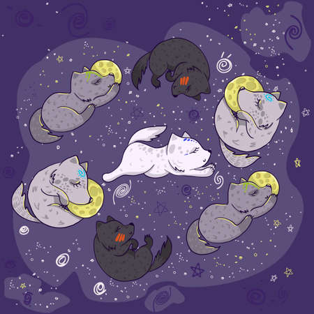 wolves on in space with stars sleep on the moonのイラスト素材