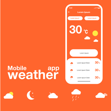 Smartphone application, weather forecast on an orange background, vectorのイラスト素材