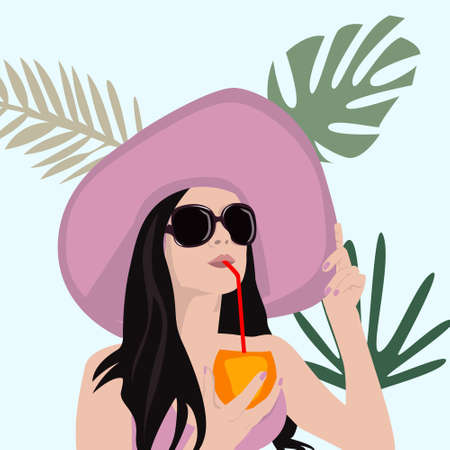 Vector illustration, tropics female concept illustration. Perfect for posters, wall art, postcards, prints. Contemporary portrait. Minimalistic style.のイラスト素材