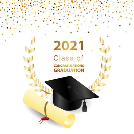 Congratulations graduation. Class of 2021. Graduation cap and confetti and balloons. Congratulatory banner. Academy of Education School of Learningのイラスト素材