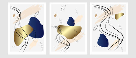 Gold abstract vector wall art collection. Color soft, organic shape design vectorのイラスト素材
