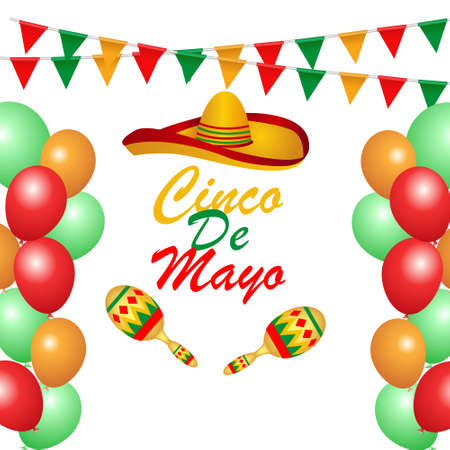 Cinco de mayo vector greeting card with skull, traditional mexican hat and prosperity elements. 5 may mexican holidayのイラスト素材