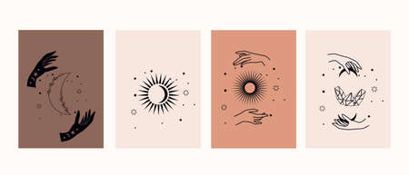 Mystical symbols with hands, eyes, sun and moon. Collection of magic posters Vectorのイラスト素材