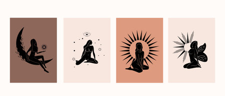 Vector collection of mystical girls, female hand and moon figure, sun and stars, in boho style Vectorのイラスト素材