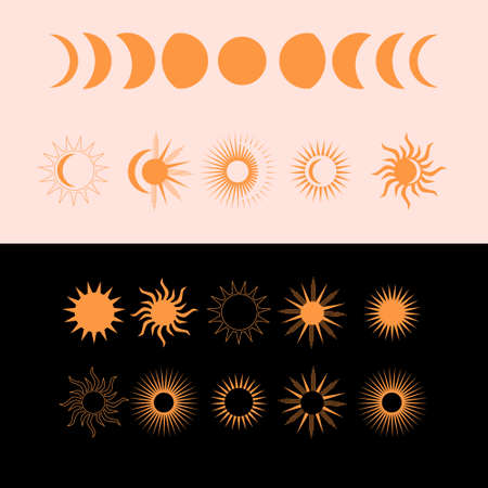 Vector collection of moon, sun and stars, in boho style Vectorのイラスト素材