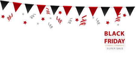 Black Friday sale ad banner with red balloons and satin bows. Vector illustrationのイラスト素材