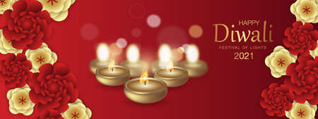 Realistic illuminated oil lamps on blurred bokeh background for Diwali festival. Festival of Lights 2021, Flying Lanterns and Fireworks. Realistic vectorの写真素材