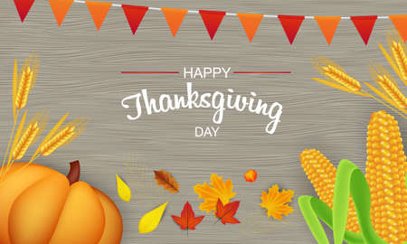 Happy Thanksgiving Day background with autumn leaves, pumpkins, corn, wheat. Hello, autumn. Vector illustrationのイラスト素材