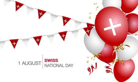 Swiss National Day. Switzerland Independence Day. Realistic balloons, flags, ribbons with the flag of Switzerland.のイラスト素材