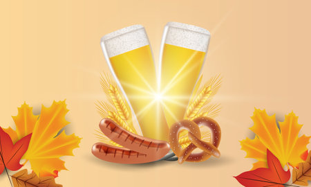 Oktoberfest festival. Beer glass, hops, barrel, barbecue, men s glass. illustration with wheat and beer, prendil and bavarian barbecue sausagesのイラスト素材