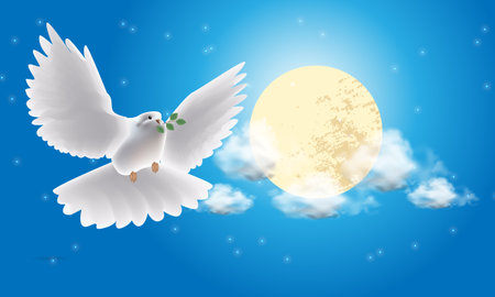International Day of Peace. Flying realistic dove of peace flies against the blue sky. Realistic vectorのイラスト素材