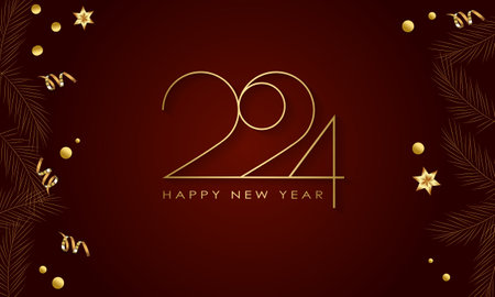 Happy New Year 2024 Elegant gold text with balloons and confetti. Realistic vector illustrationのイラスト素材