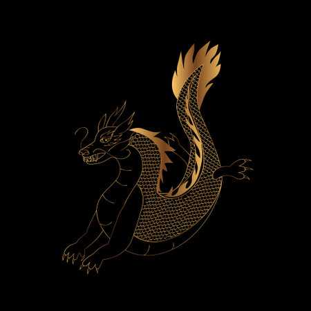 Golden dragon, the symbol of the New Year 2024 on a black backgroundのイラスト素材