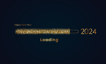 Vector illustration with fireworks and balloons on a dark background, text Happy New Year 2024....