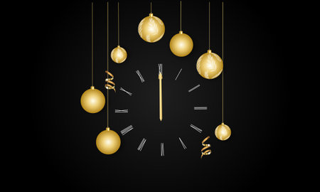 Vector illustration with fireworks and balloons on a dark background, text Happy New Year 2024....