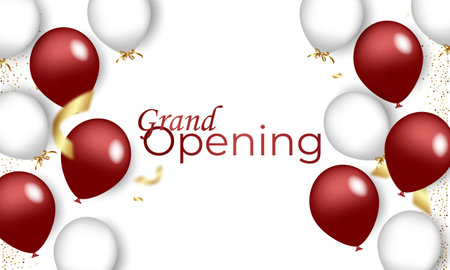 Grand opening design with ribbon, balloons and gold scissors, confetti.のイラスト素材