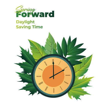 Spring Forward 2025 March Alarm Clock . Alarm clock moved one hour forward. Transition to daylight saving time. Clock and Spring composition. Vector illustrationのイラスト素材