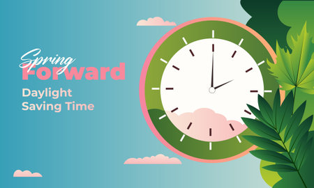 Spring Forward 2025 March Alarm Clock . Alarm clock moved one hour forward. Transition to daylight saving time. Clock and Spring composition. Vector illustrationのイラスト素材