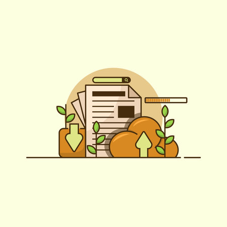 Illustration of document sheets uploaded to the cloud, paper files uploaded and downloaded to the driveのイラスト素材