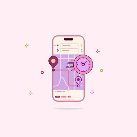 Smartphone with navigation app on the screen. Flat style vector illustration.のイラスト素材