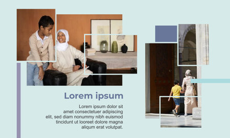 Collage with photos of muslim family at home. Selective focus