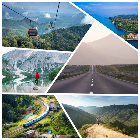 Collage of mountain landscape with cable car in Thailand, Asia.