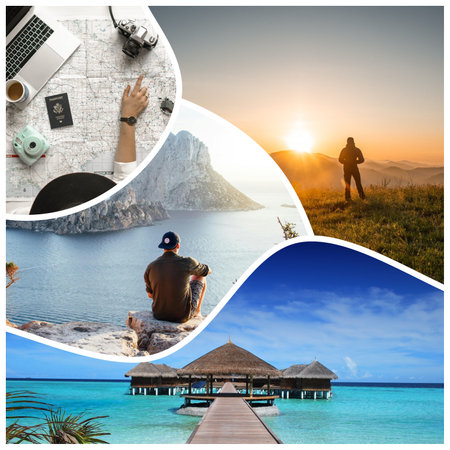 Collage of travel images. The concept of tourism and vacations.
