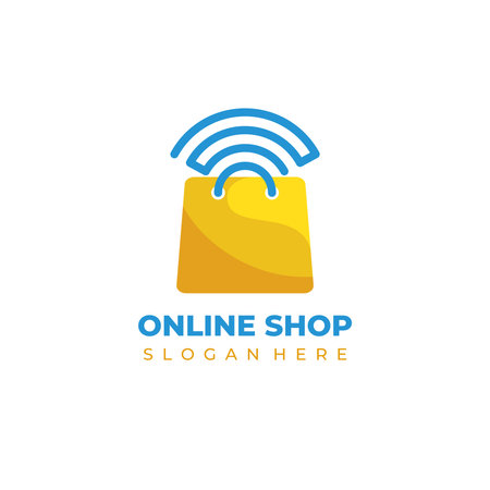 Online shop logo, shopping bag icon combined with wifi symbol, in blue and yellowのイラスト素材