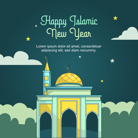 Happy Eid al Adha greeting card with mosque. Vector illustration.のイラスト素材