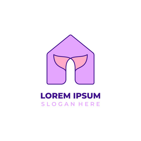Vector whale tail logo combined with house logo, line art style combined with shapes, purple and pink colorsのイラスト素材