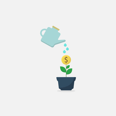 Cute vector coin money tree being watered to grow, finance designのイラスト素材