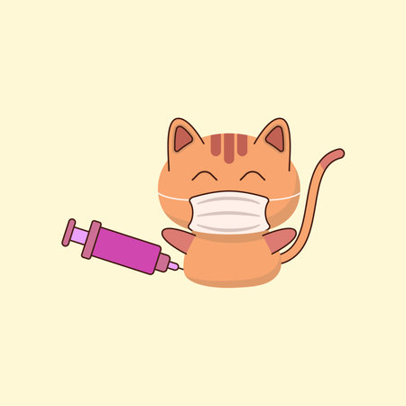 Vector illustration of a cat wearing a mask being injected, graphic design for zoonotic diseases themeのイラスト素材