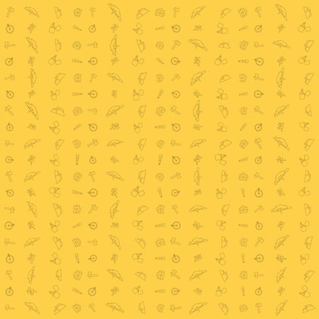 Vector pattern of axe, tree, mountain, first aid kit, compass, road sign, match, and binoculars. Camping theme nature silhouette seamless background outdoor designのイラスト素材