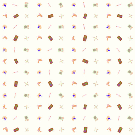 Pattern of thunder cloud, thermometer, air conditioner, hair dryer, and fan, seamless vector,...