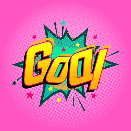 Pop art comic-style soccer goal text with football and explosion effect. Energetic and fun illustration ideal for sports posters, and football-themed content.のイラスト素材