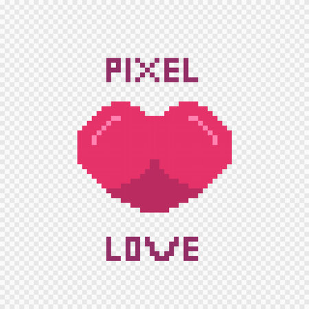 A red heart-shaped pixel art illustration with the words "Pixel Love" written on it. This retro 8-bit design evokes feelings of love, romance, and nostalgia for classic games.のイラスト素材