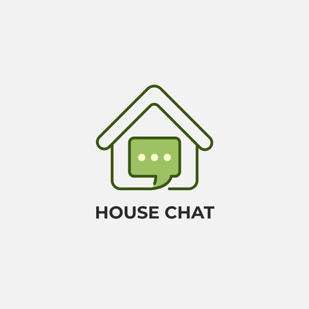 Simple house logo with chat bubble icon symbolizing communication and smart living. Ideal for smart home, property apps, customer support, and digital services.のイラスト素材